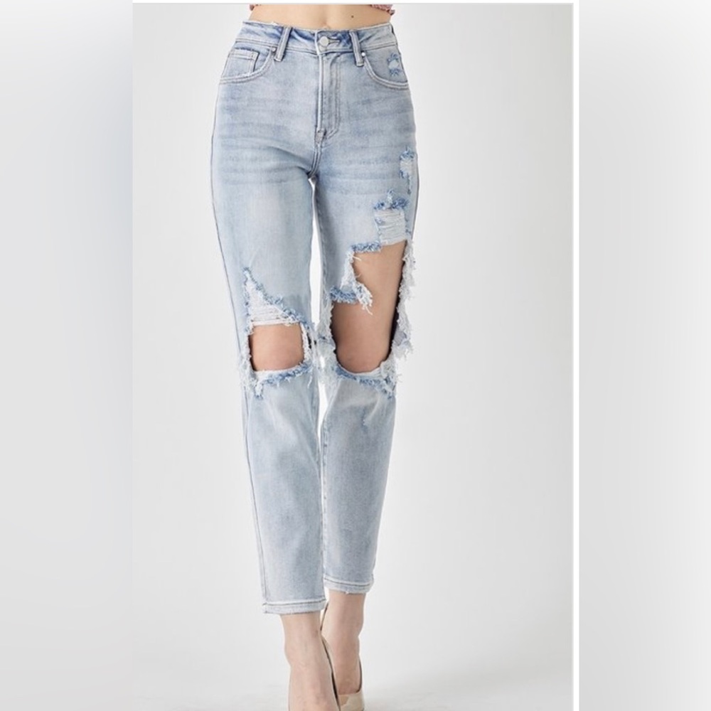 RISEN HIGH RISE DISTRESSED SLIM STRAIGHT JEANS DARK WASH